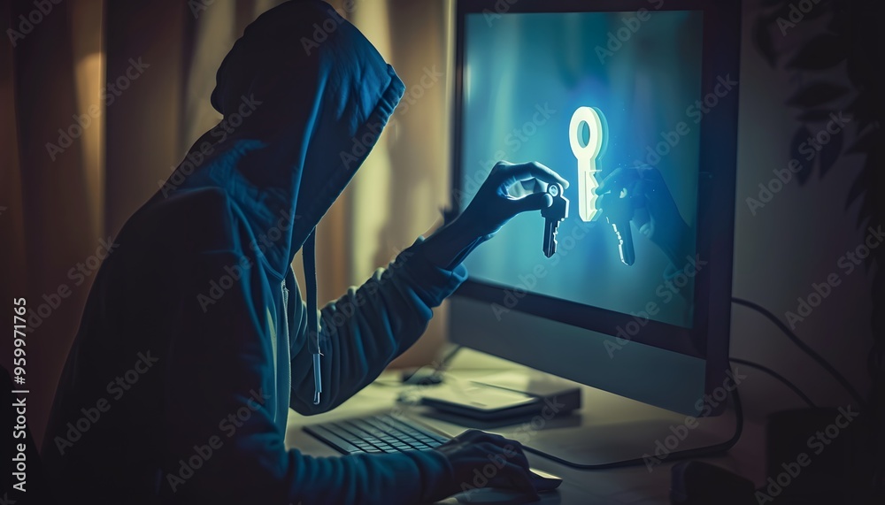 Poster hacker manipulating digital key on computer screen, showcasing cybersecurity threats and data protec