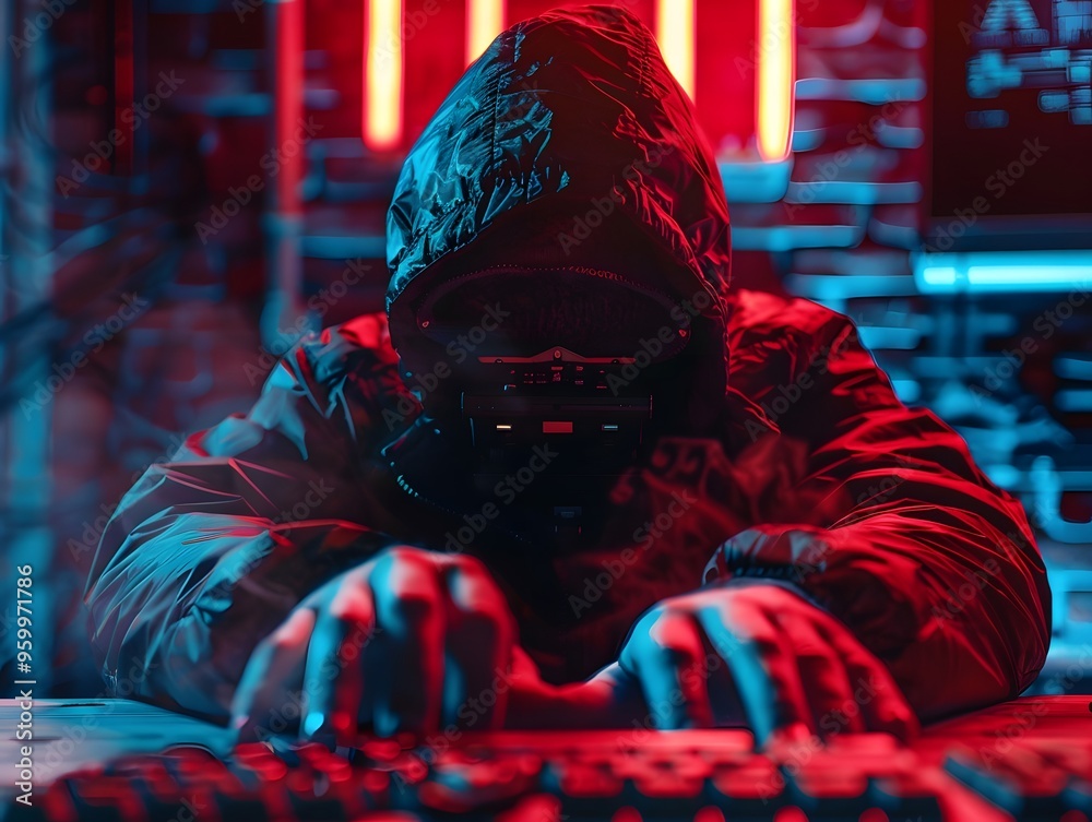 Poster hacker with hooded jacket working on a computer in dark room with colorful lighting, representing cy