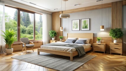 Fototapeta premium Wooden bedsides and a sleek dresser in a soothing color palette bring warmth to the space, while a