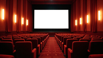 Fototapeta premium Empty Movie Theater with Red Seats and Blank Screen