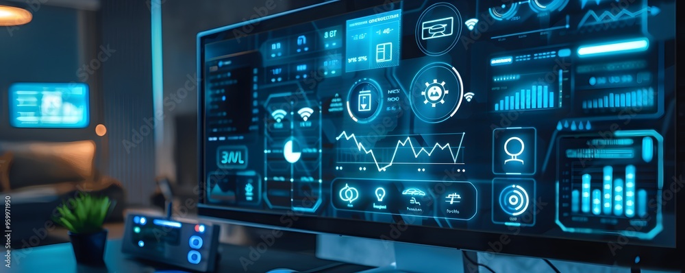 Poster high-tech computer monitor displaying various data visualizations and futuristic interfaces in a mod
