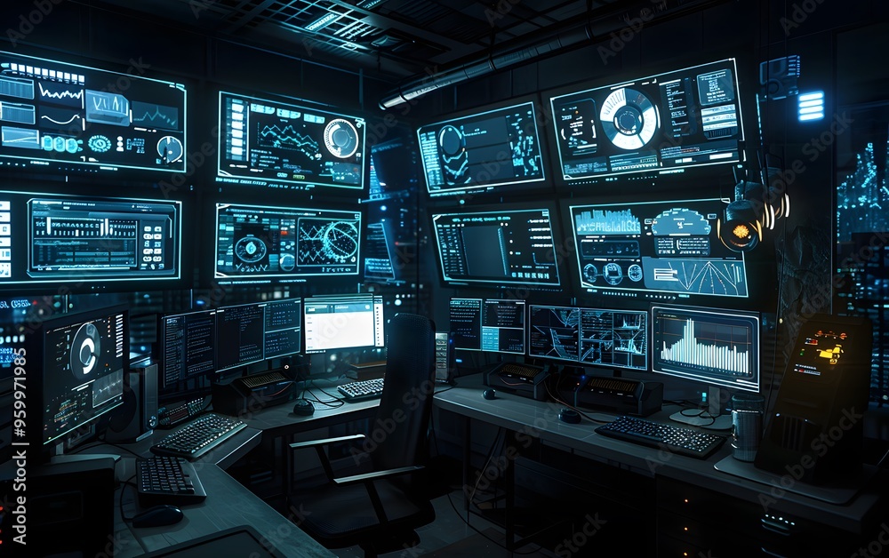 Poster high-tech control room with multiple screens displaying data and graphics, perfect for cybersecurity
