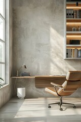 Modern Minimalist Home Office with Wooden Desk, Leather Chair, and Large Window Allowing Natural Light