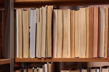 Many book shelves in a library