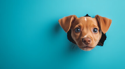 Curious expression of a puppy through a blue background