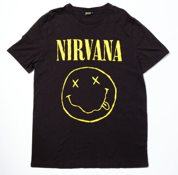 Kent, uk 01.01.2024 official nirvana happy face smiley face nirvana band merchandise tshirt large 1990s Kurt Cobain grunge rock. Seattle grunge era music tshirt merchandise.