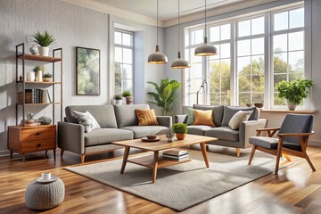 Fototapeta premium A chic living room featuring sleek, low-profile furniture in a crisp white hue, paired with geometric patterns and