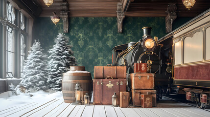 Naklejka premium &nbsp;an old train with suitcases and lanterns beside it. The floor is white wood with grey tiles. A large metal barrel is filled with luggage and a vintage leather trunk is located in front of the train
