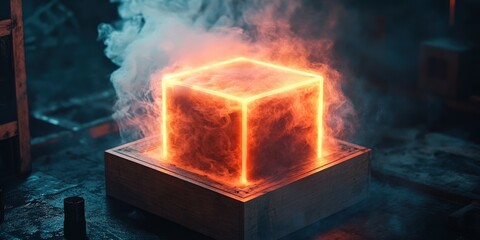 Futuristic Neon Cube with Glowing Clouds Night Sky