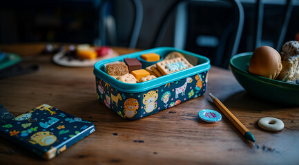 Blue children's lunch box with crackers and cheese on a wooden table on a dark background with space for text, created with Generative AI technology