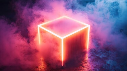 Futuristic Neon Cube with Glowing Clouds Night Sky