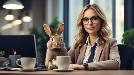Office worker with glasses and a bunny during a coffee break. Image courtesy of Generative AI