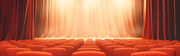 Obraz premium Empty seats in a theater with red curtains and stage with lights in the background