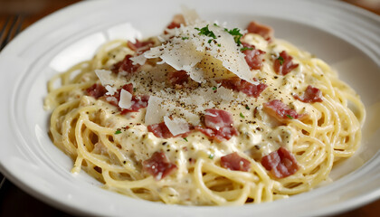 A bowl of spaghetti carbonara with creamy sauce, crispy pancetta, and freshly grated Parmesan, garnished with black pepper and a sprinkle of chopped parsley, served on a classic white plate.
