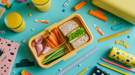 Yellow lunch box with sandwiches and fresh vegetables, glasses with juice and stationery on a blue background, top view, created with Generative AI technology