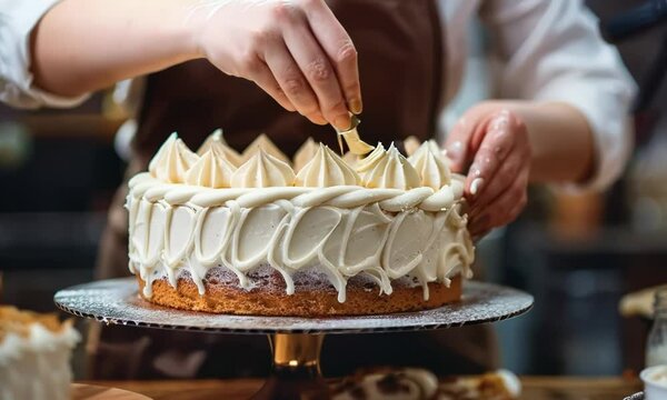 A baker decorating a cake with intricate designs inspired by art deco motifs, using geometric patterns and metallic accents. Video