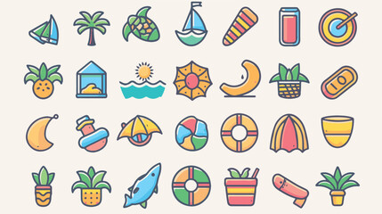 Summer icon set black . It includes season, holiday, vacation, travel, tourism, and more icons. Editable Vector Stroke. with white background