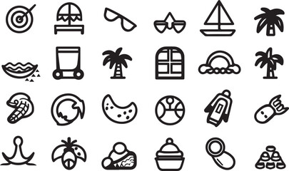 Summer icon set black . It includes season, holiday, vacation, travel, tourism, and more icons. Editable Vector Stroke. with white background
