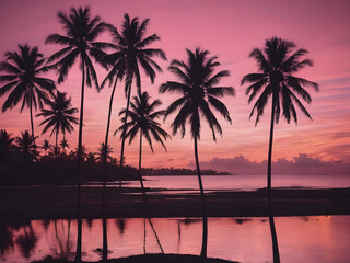 Obraz premium Coconut trees silhouetted against a sunset sky with pink and orange hues