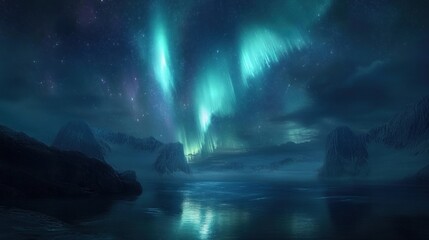 Aurora Borealis over Mountains and Lake