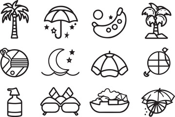 Summer icon set black . It includes season, holiday, vacation, travel, tourism, and more icons. Editable Vector Stroke. with white background