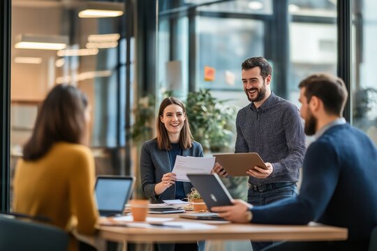 The Collaborative Business Meeting is set in a modern office environment, fostering teamwork and innovation among professionals, where brainstorming and strategic planning are prioritized for success