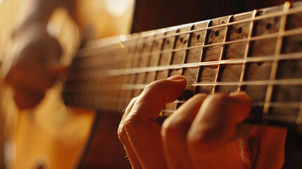 Fototapeta premium Medium close-up of fingers strumming a guitar string, the vibration and sound captured in the moment.