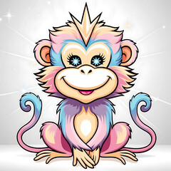 Cute colorful funny monkey cartoon, Diamond eyes, have golden crown on head on beautiful background, HD high resolution image, t shirt design. 
