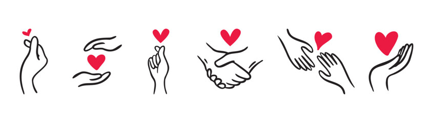 Obraz premium Hands Showing Love and Hearts. Doodle Hand Drawn cute icon Set. Valentine's day