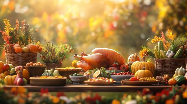 Autumn feast table with roasted turkey, pumpkin pie, and seasonal decorations. festive thanksgiving dinner setting.