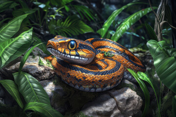 Obraz premium A realistic illustration of an orange and black snake in the jungle, resting on a rock with leaves around it. 