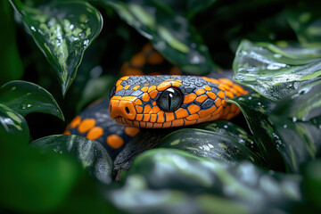 A realistic illustration of an orange and black snake in the jungle, resting on a rock with leaves around it. 