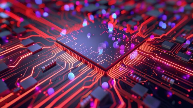Circuit Board with Glowing Red Lines and Digital Particles