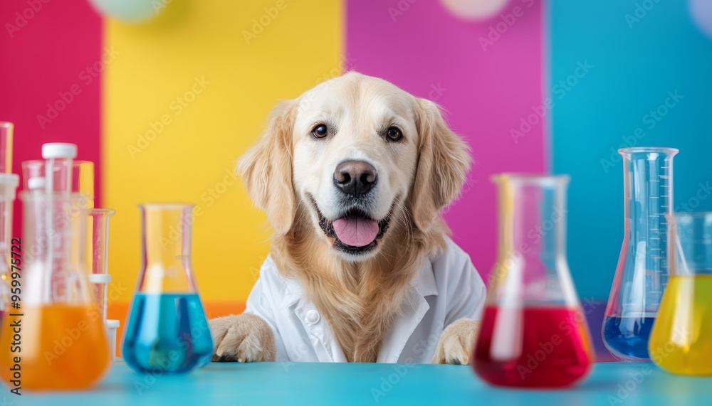 Wall mural golden retriever in a lab coat surrounded by colorful science beakers, conducting experiments in a p
