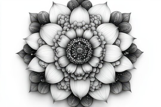 intricate black and white floral mandala symmetrical pattern delicate linework zentangle style meditative circular design