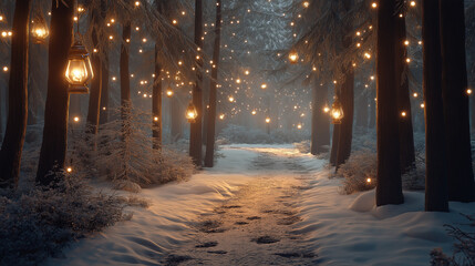 snow covered road, A magical winter forest scene with a snow-covered path winding between towering fir trees. The path is illuminated by old-fashioned lanterns hanging from branches, and tiny footprin - Powered by Adobe