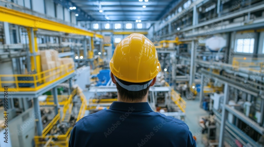 Wall mural A man in a hard hat looking out over a : fabric production large factory floor.