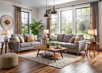 A cozy living room features a plush sectional sofa in a neutral hue, paired with a rustic wooden