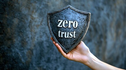 A hand holding a shield with "zero trust" written on it, representing secure systems.