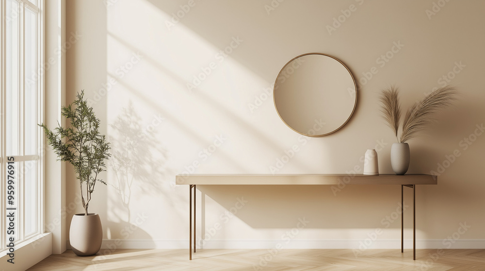 Wall mural modern living room, a simple table with a sleek design, a mirror, and a decorative items like a smal