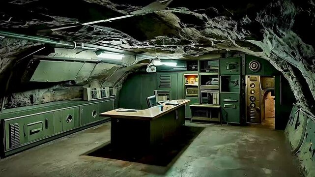  a bunker with  a kitchen  and  a table