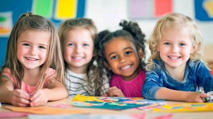 Fototapeta premium Happy smiling kids are doing arts and crafts in day care centre together. Education concept