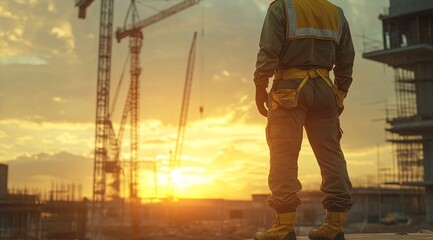 Fototapeta premium Construction Site Supervisor Overseeing Project at Sunset