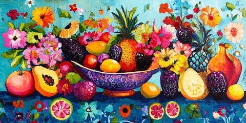 Abstract background with fruits in ethnic style