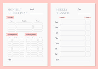 Monthly and weekly budget planner. Income and expense tracking form. Vector.