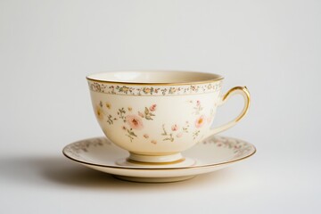 Fototapeta premium Delicate vintage teacup with a floral pattern and gold trim on a matching saucer