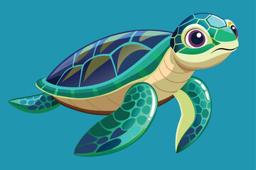 A cartoon turtle with blue eyes and a vibrant green shell, showcasing a friendly and whimsical expression.