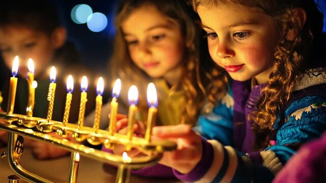 Children lighting candles on a Hanukkah menorah, their faces illuminated by the warm glow