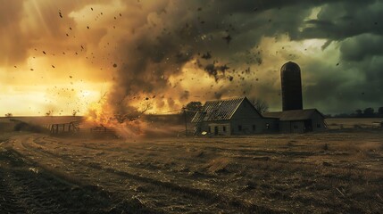 A tornado is approaching a farmhouse with a silo.