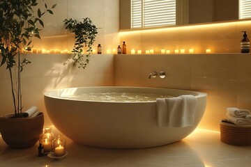 luxurious spa bathroom with floating candles aromatic oils and a freestanding tub soft mood lighting creates a serene ambiance reflecting on polished marble surfaces